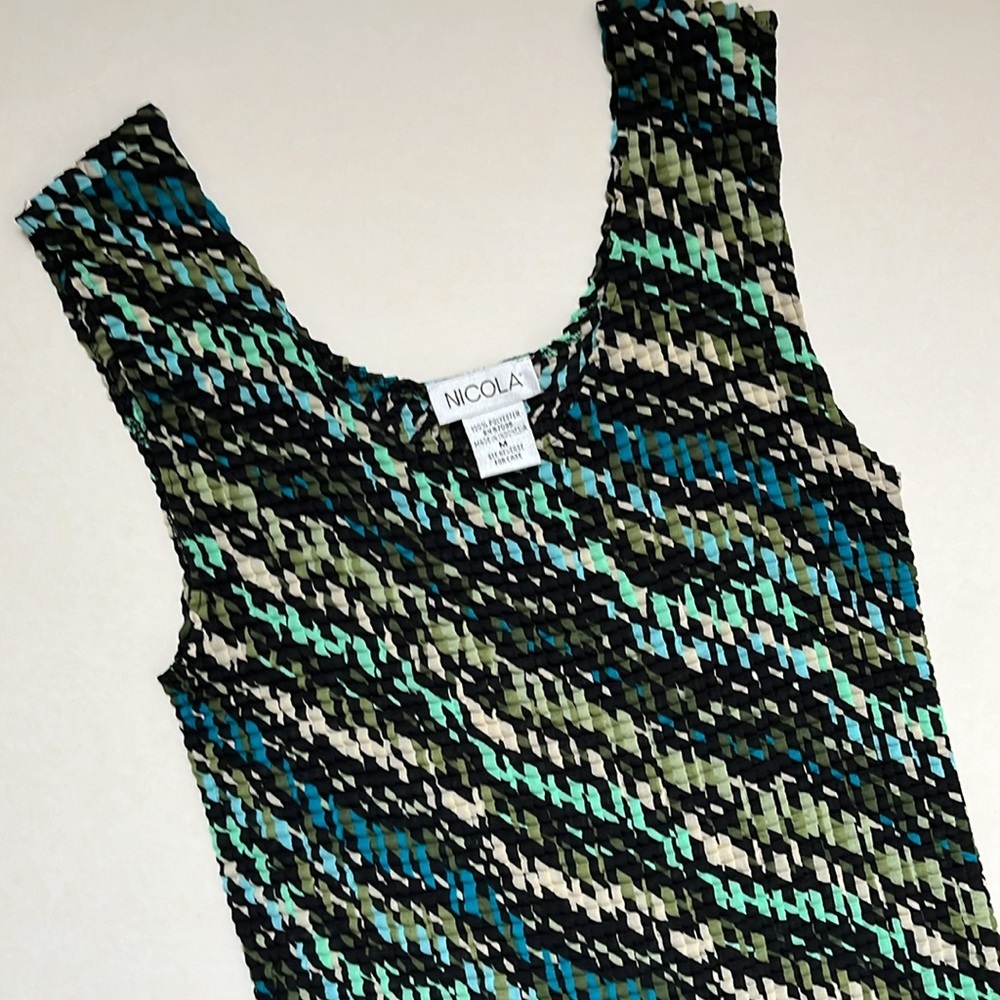 Nicola Y2K Crinkle Stretch Sleeveless Tank Top Blouse Size Medium Black Teal - Picture 3 of 5